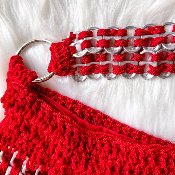 Upcycle Soda Pop Pull Tab Circular Purse Handbag Red Hobo Handmade Crochet - Picture 4 of 5